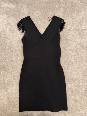Zara Black Midi Dress with Fringe Cap Sleeves